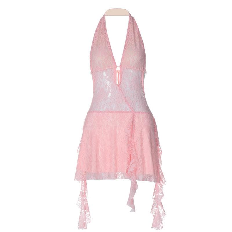 Deep V Halter Lace Up Sheer Ruffle Hem Mini Dress 3