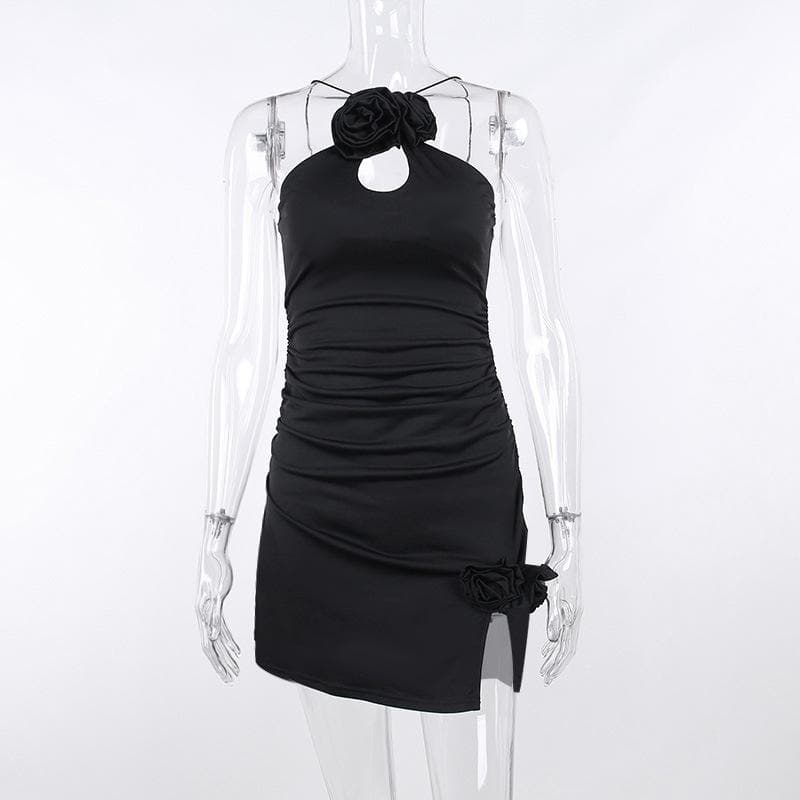 Halter Flower Applique Keyhole Ruched Side Slit Mini Dress 3