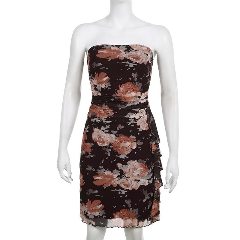 Strapless Floral Print Ruched Mesh Cascade Ruffle Mini Dress 9