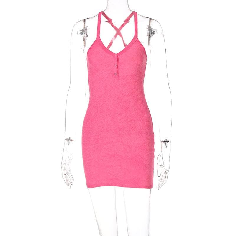 Deep V Cross Back Button Front Textured Mini Dress 8