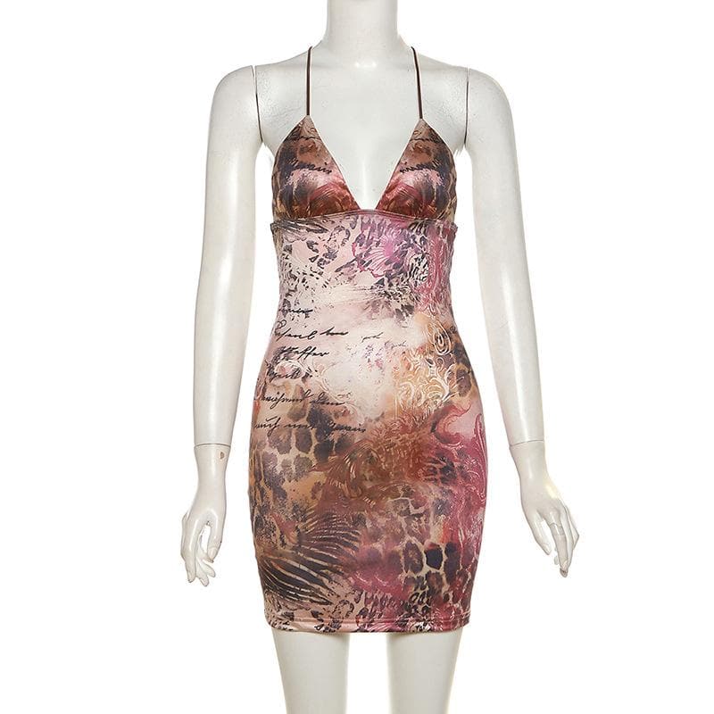 Deep V Dragon Print Cross Back Spaghetti Strap Bodycon Mini Dress 5