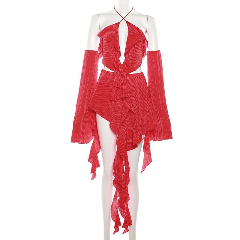 Halter V-Neck Pleated Cutout Bell Sleeve Ruffle Romper 9