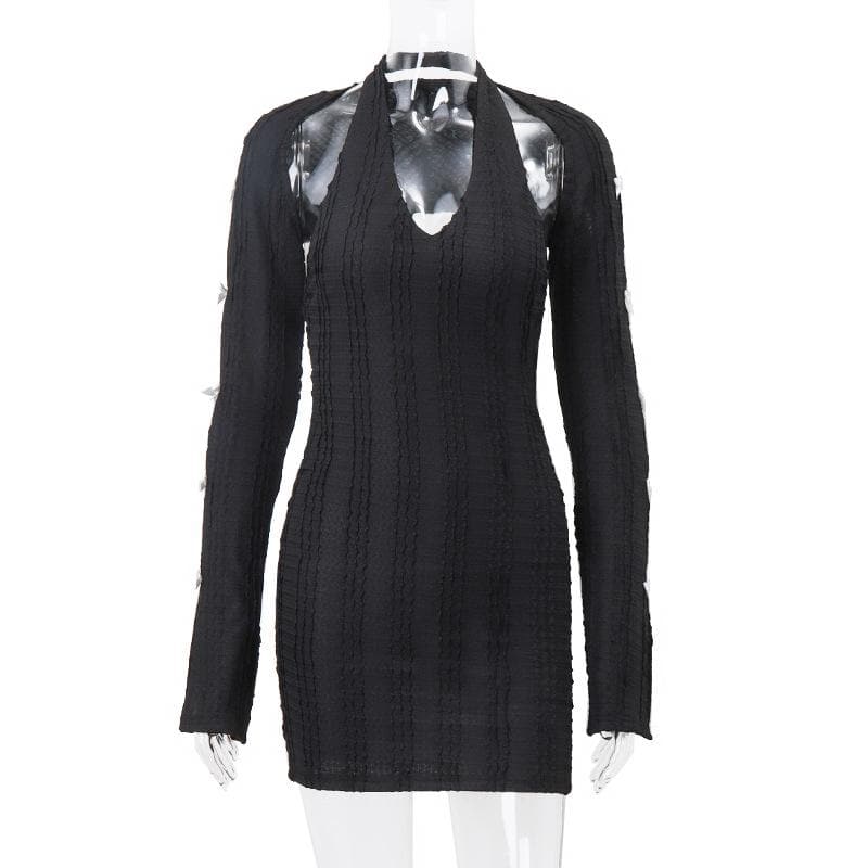 Deep V-Neck Halter Bow Sleeve Cutout Rib Knit Bodycon Mini Dress 8