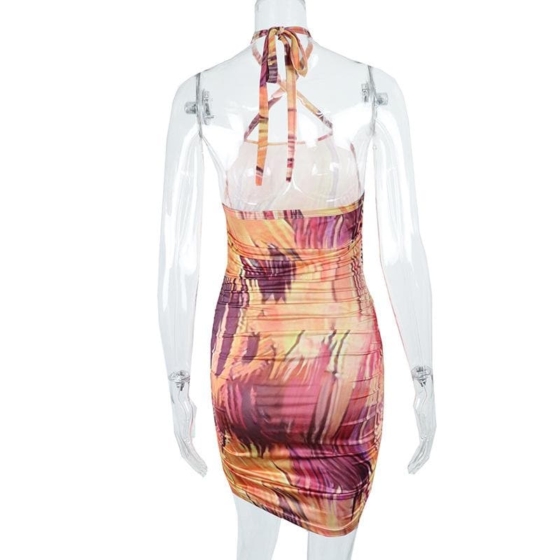 Abstract Marble Print Halter Ruched Bodycon Mini Dress 5