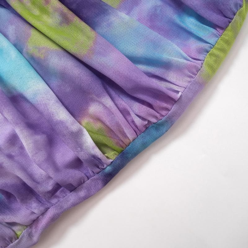 Crewneck Sleeveless Ruched Abstract Tie Dye Mesh Mini Dress 10