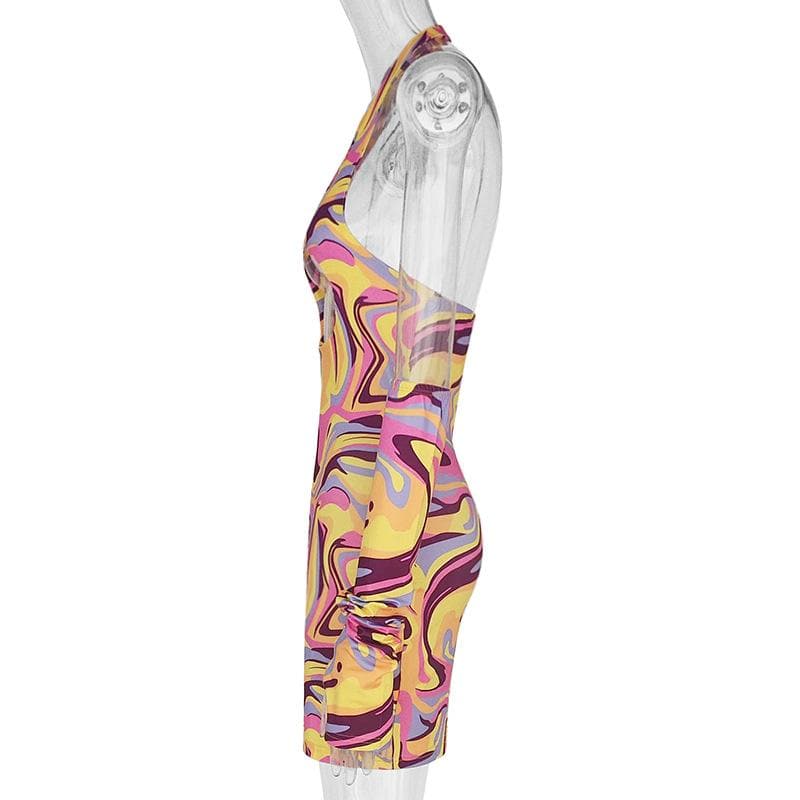 Halter Neck Triple Chest Cutout Marble Print Arm Warmer Mini Dress Set 2