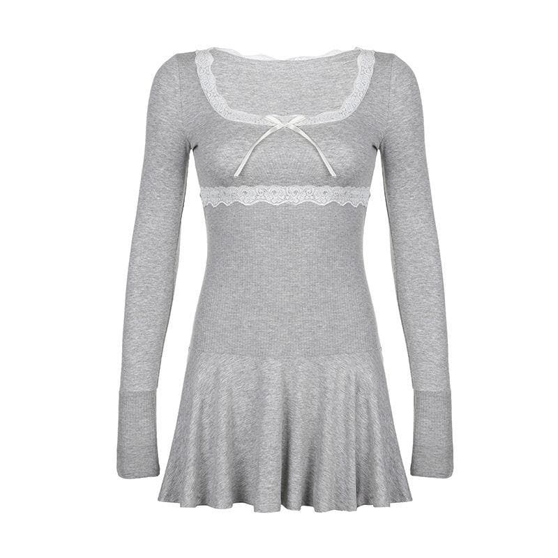 Lace Trim Scoop Neck Bow Empire Waist Ribbed Long Sleeve Flared Mini Dress 3