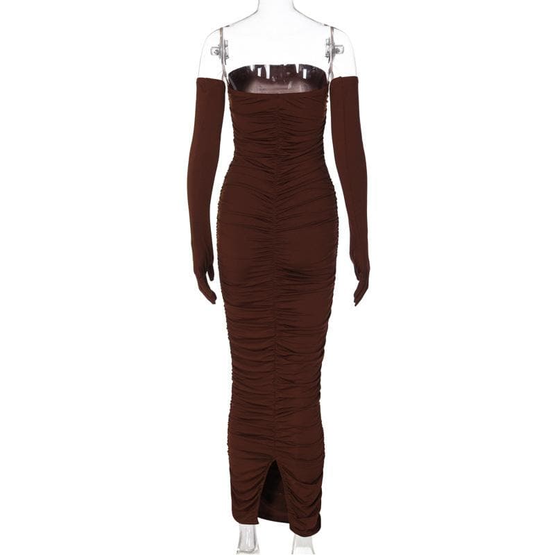 Strapless Ruched Bodycon Midi Dress with Matching Opera Gloves 4
