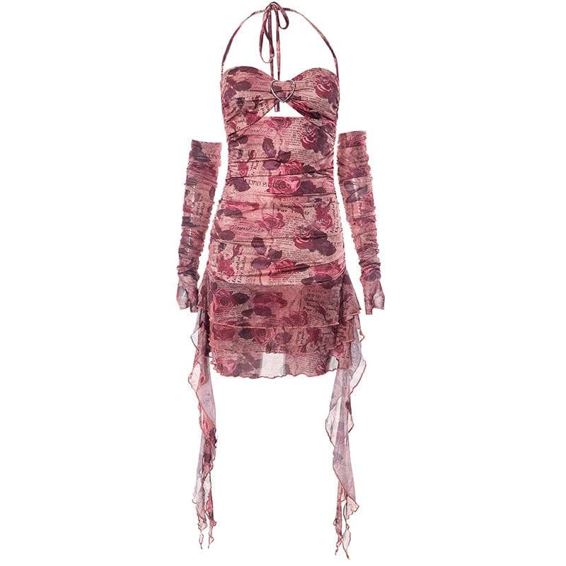Newspaper Floral Print Halter Heart Buckle Cutout Ruched Ruffle Mini Dress 2
