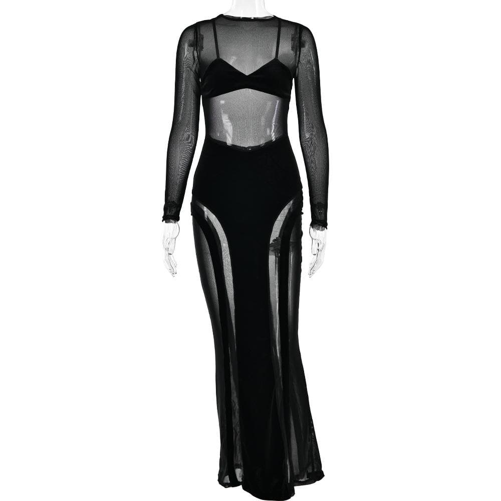 Mesh Patchwork Velvet Paneled Long Sleeve Maxi Dress 3