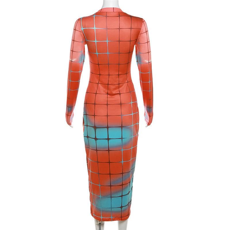 Long Sleeve Crewneck Grid Body Print Color Block Bodycon Maxi Dress 4
