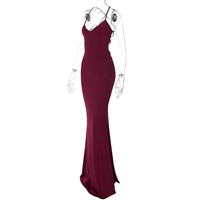 Deep V-Neck Cross Back Spaghetti Strap Bodycon Maxi Dress 8