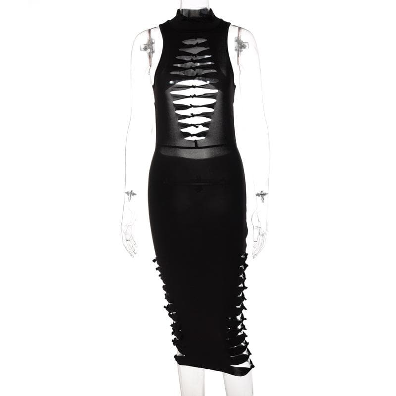 Mock Neck Sleeveless Ladder Tie Front Side Cutout Bodycon Midi Dress 4