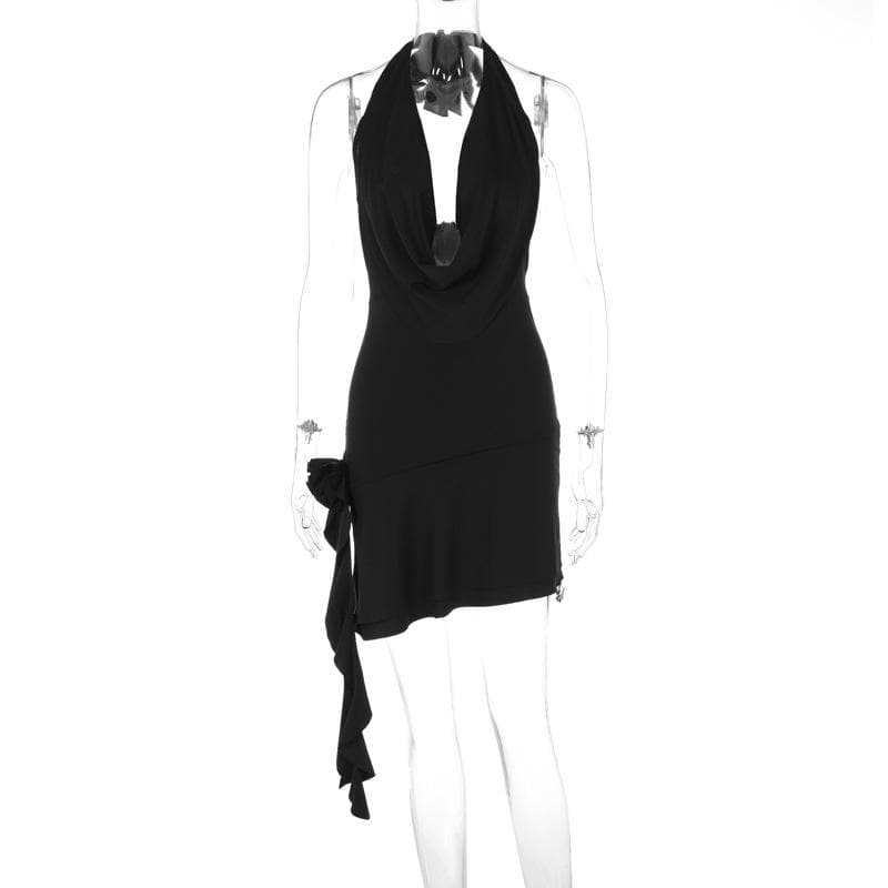 Cowl Neck Halter Ruffle Trim Side Cascade Backless Mini Dress 4