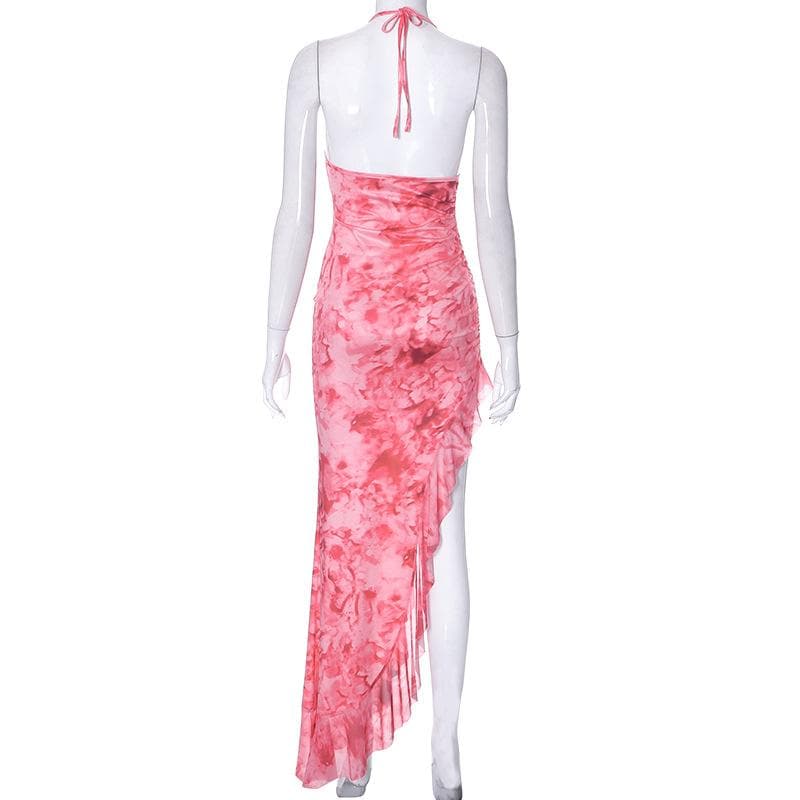 Halter Neck Ruched Watercolor Print Ruffle Trim Side Slit Maxi Dress 4