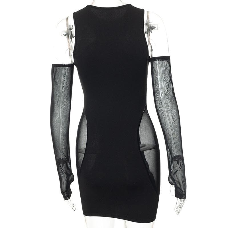 Crew Neck Mesh Panel Cutout Detached Glove Sleeve Mini Dress 4