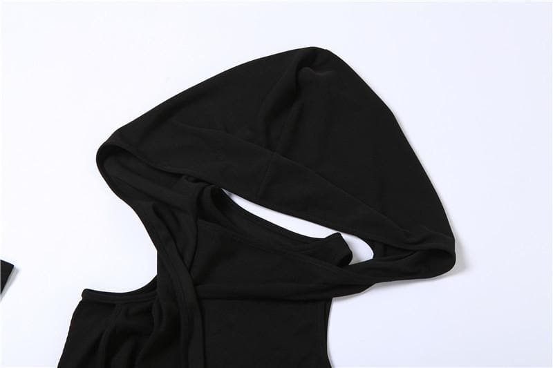 Rib Knit Hood Cowl Overlay Single Glove Sleeve Bodycon Mini Dress 5