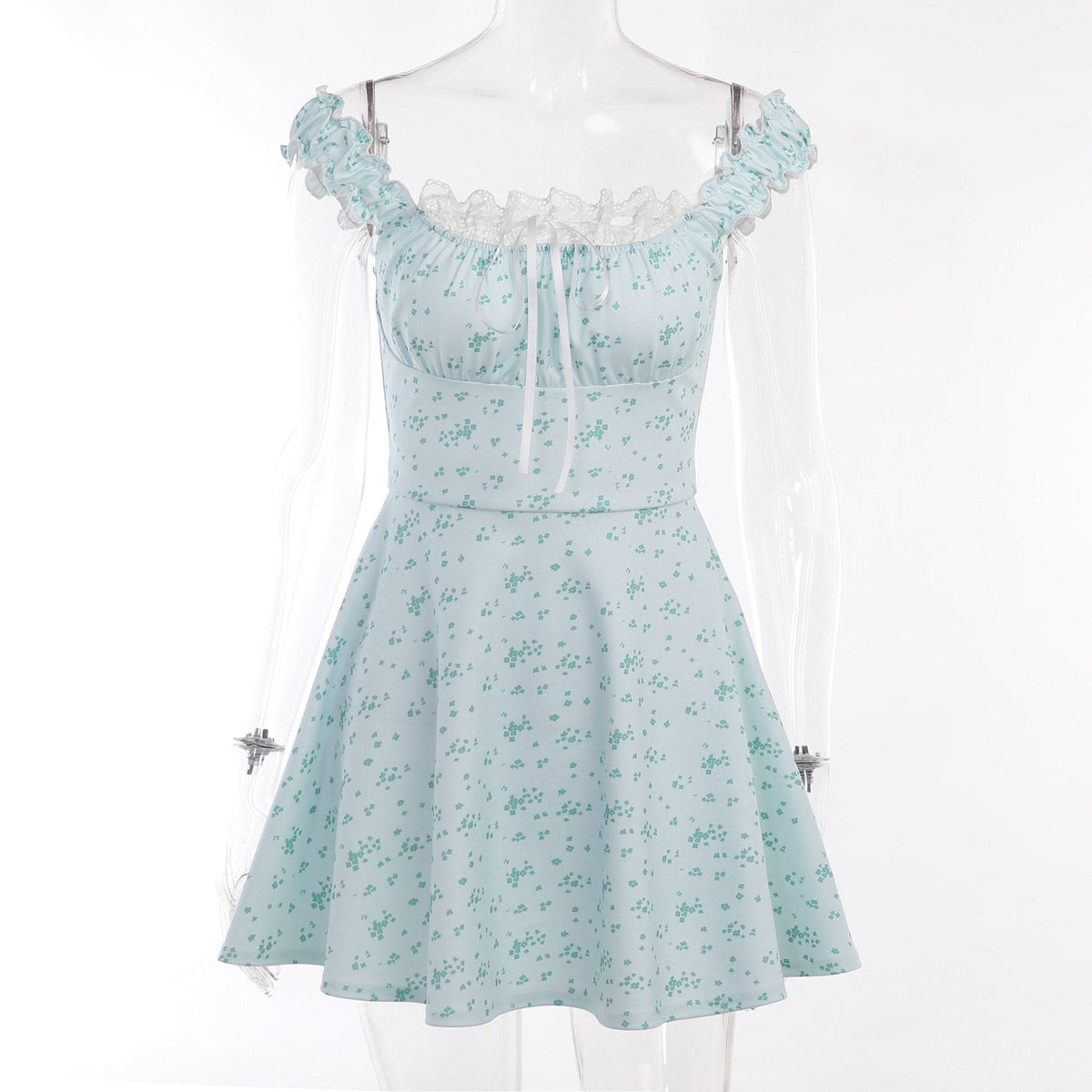 Square Neck Lace Trim Ribbon Bow Ruffle Strap Ditsy Floral Mini Dress 8