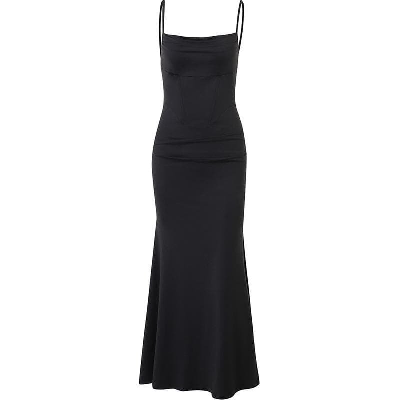 Spaghetti Strap Cowl Neck Corset Seam Ruched Bodycon Maxi Dress 2