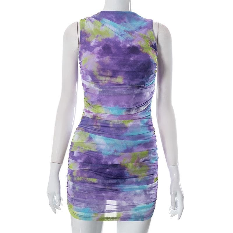 Crewneck Sleeveless Ruched Abstract Tie Dye Mesh Mini Dress 6