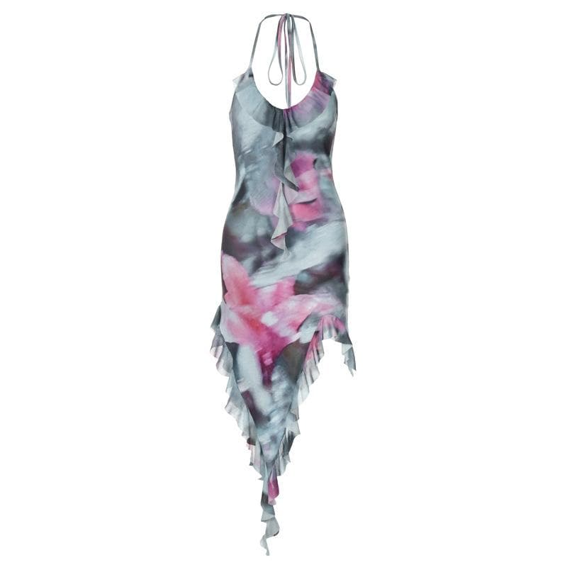 Tie-Dye Print Halter Ruffle Trim Asymmetrical Handkerchief Hem Mini Dress 2