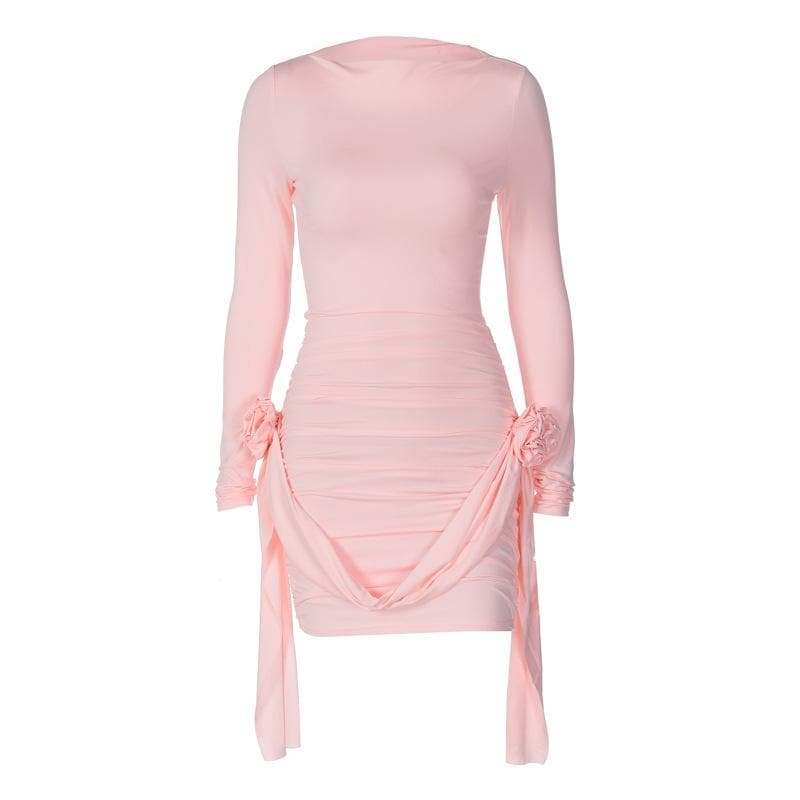Flower Applique Ribbon Trim Ruched Long Sleeve Mini Dress 2
