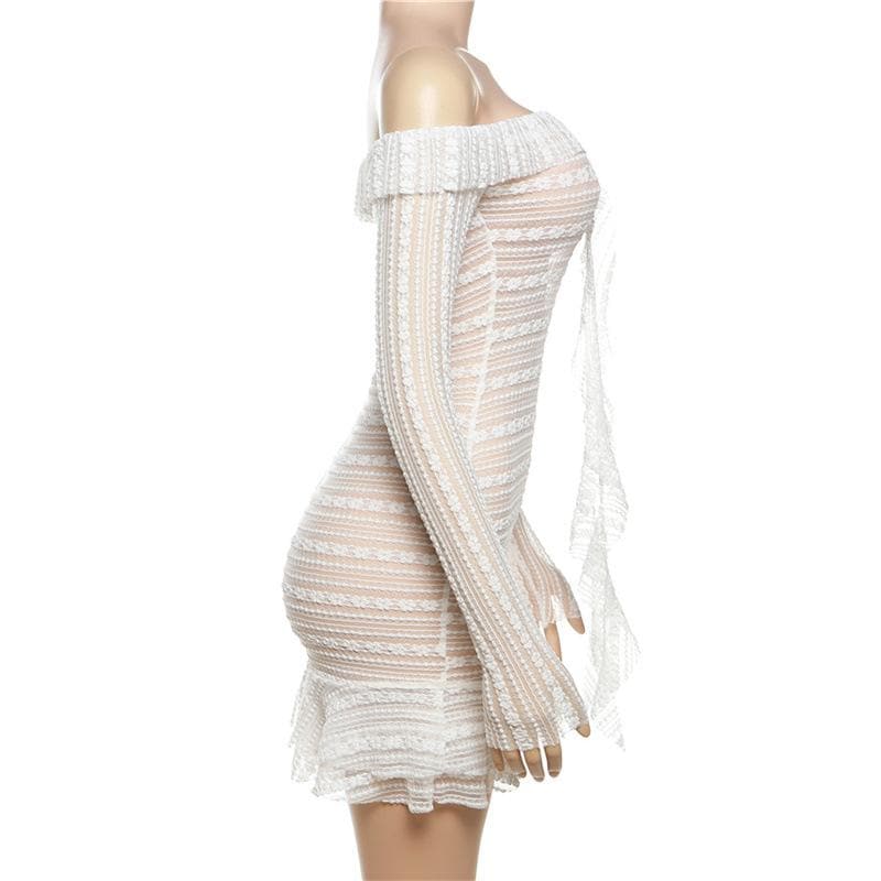 Off-Shoulder Sheer Lace Stripe Ruffle Trim Center Ruffle Long Sleeve Mini Dress 3