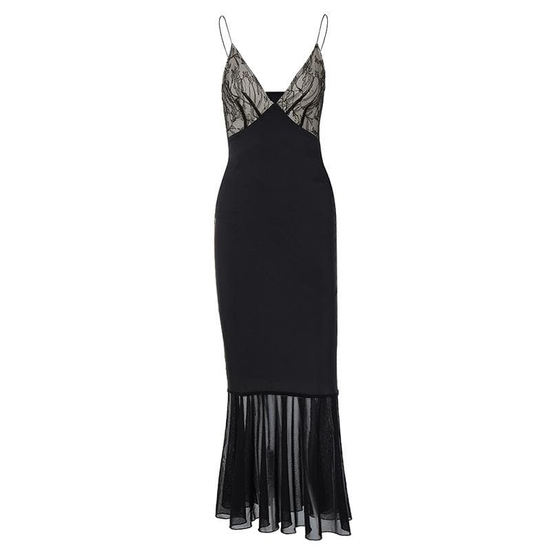 Lace Patchwork Spaghetti Strap V Neck Mermaid Hem Midi Dress