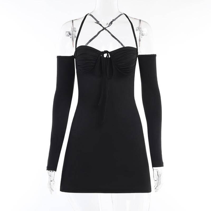 Sweetheart Tie Front Cold Shoulder Long Sleeve A-Line Mini Dress 3