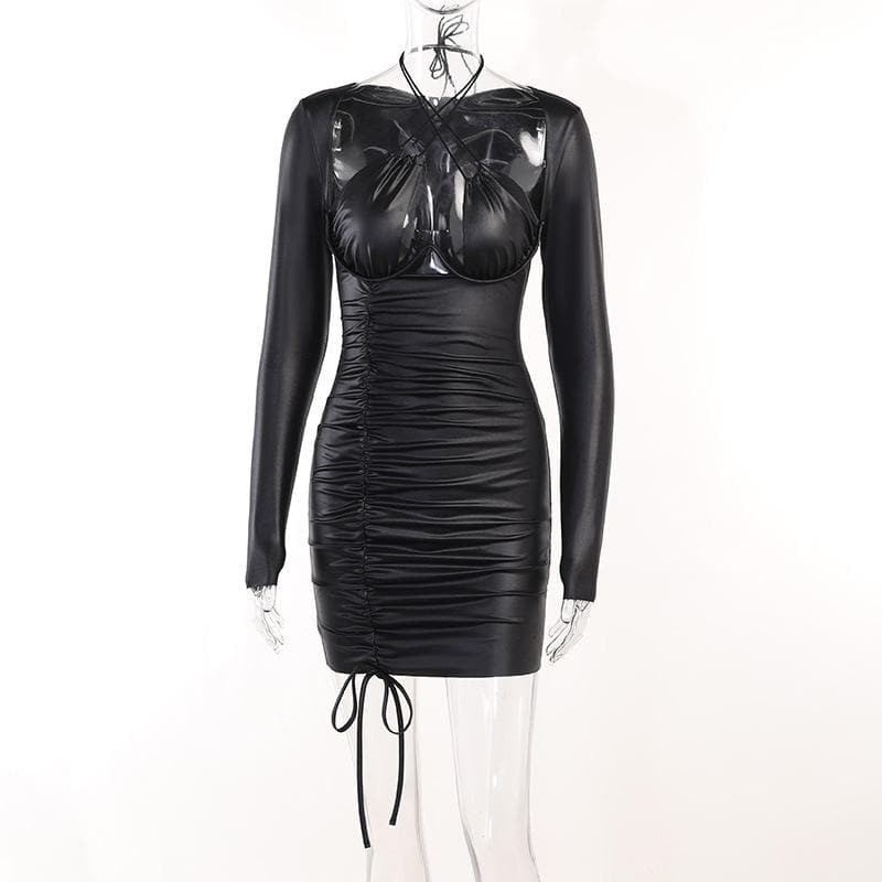 Halter Cross Strap Bust Cutout Coated Ruched Drawstring Mini Dress 8
