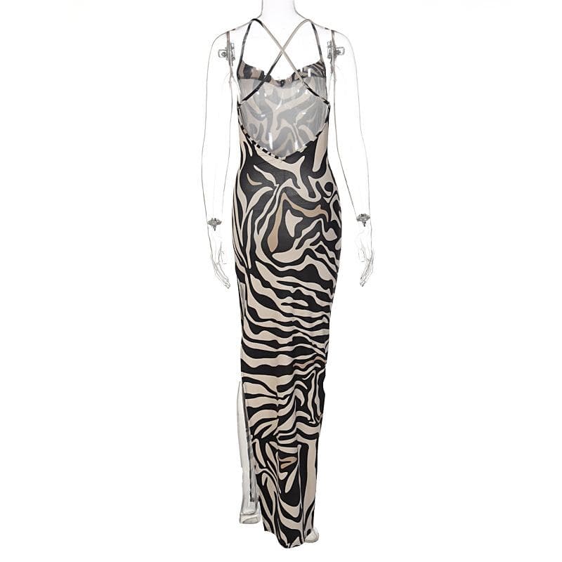 Square Neck Spaghetti Strap Lace Waistband Zebra Print Side Slit Maxi Dress 4