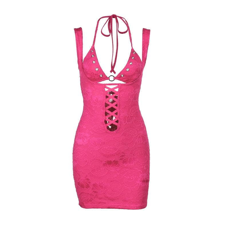 Halter O-Ring Lace-Up Floral Jacquard Backless Mini Dress