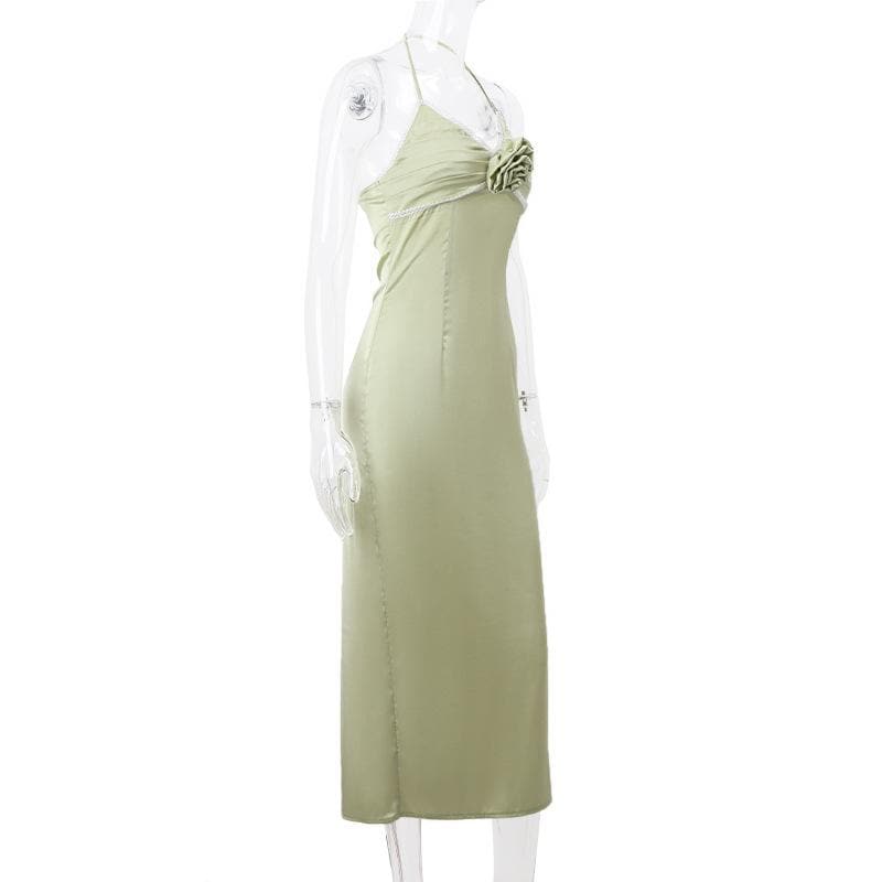 Halter Neck Applique Lace Trim Ruched Satin Column Maxi Dress 7