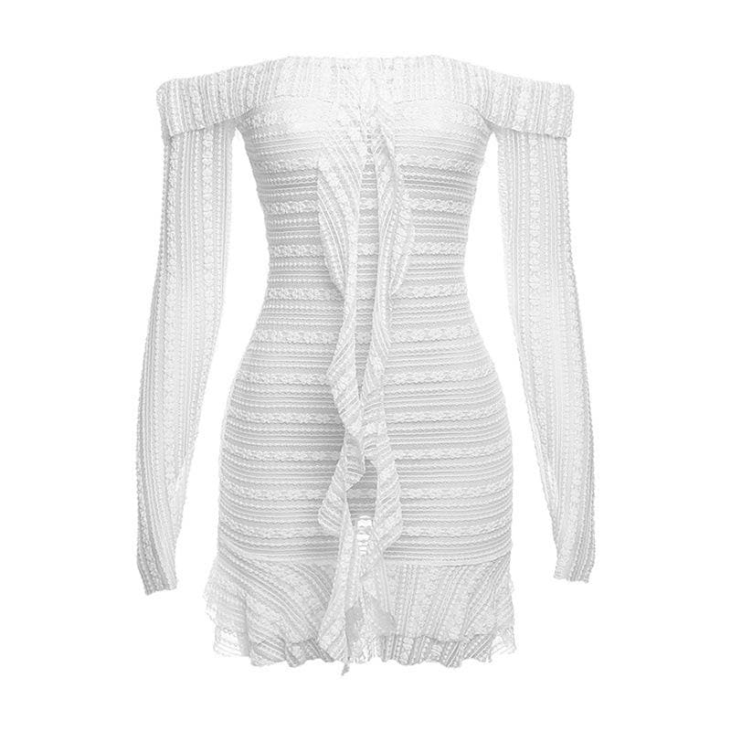 Off-Shoulder Sheer Lace Stripe Ruffle Trim Center Ruffle Long Sleeve Mini Dress 2