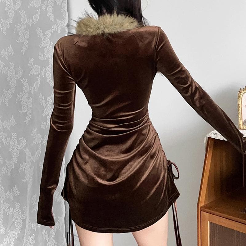 Faux Fur Collar Square Neck Long Sleeve Ruched Drawstring Side Mini Dress 3