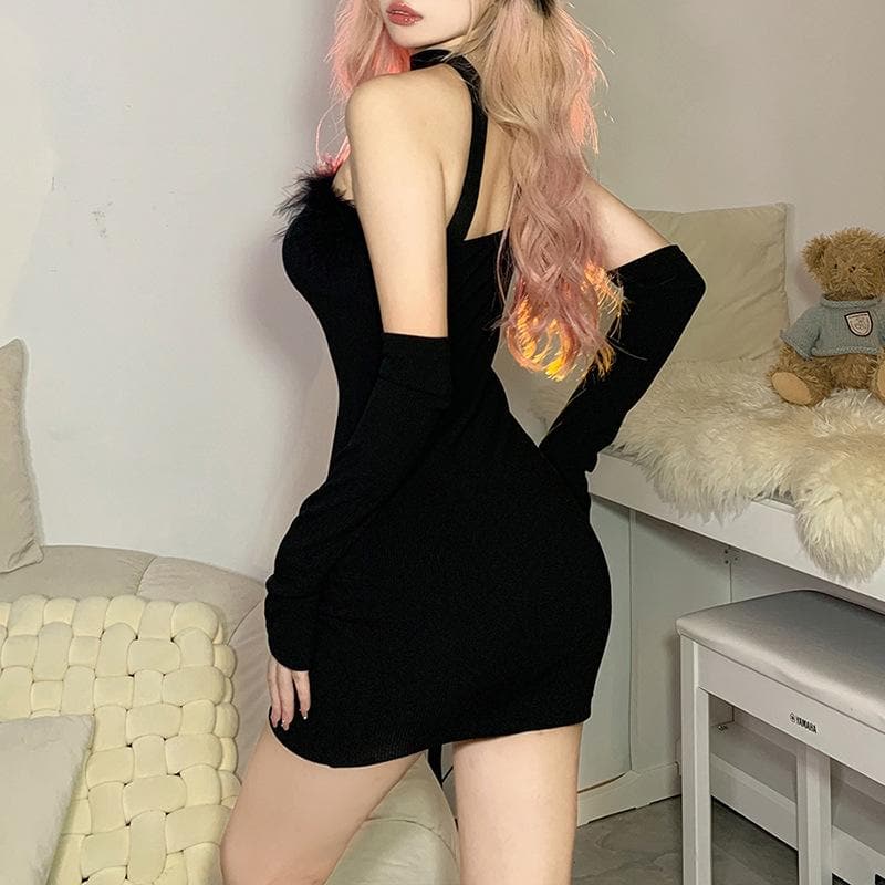 Strapless Faux Fur Trim Heart Hardware Keyhole Rib Knit Mini Dress 3