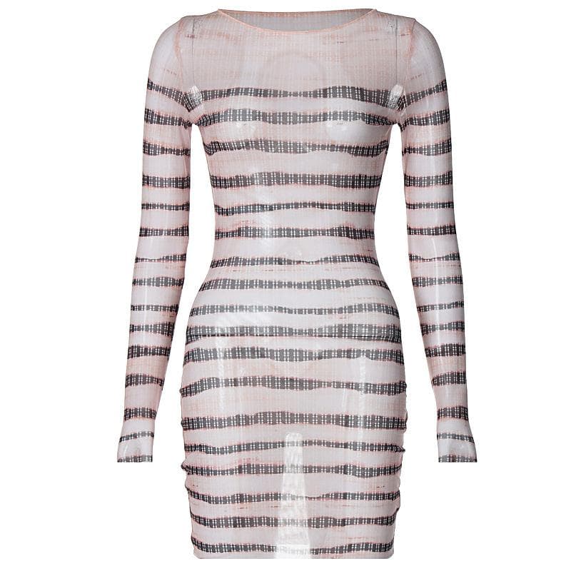 Striped Sheer Mesh Crew Neck Long Sleeve Bodycon Mini Dress