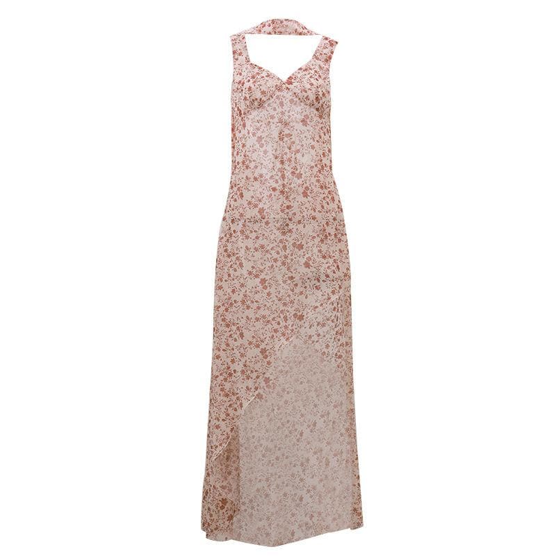 Sweetheart Neck Wide Strap Ditsy Floral Print Side Slit Maxi Dress 9