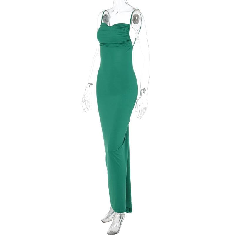 Spaghetti Strap Plunging Backless Ruched Bodycon Maxi Dress 5