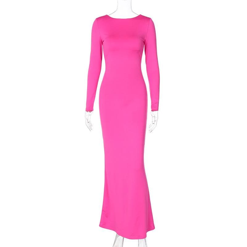Crew Neck Long Sleeve Lace-Up Back Bodycon Mermaid Hem Maxi Dress 5