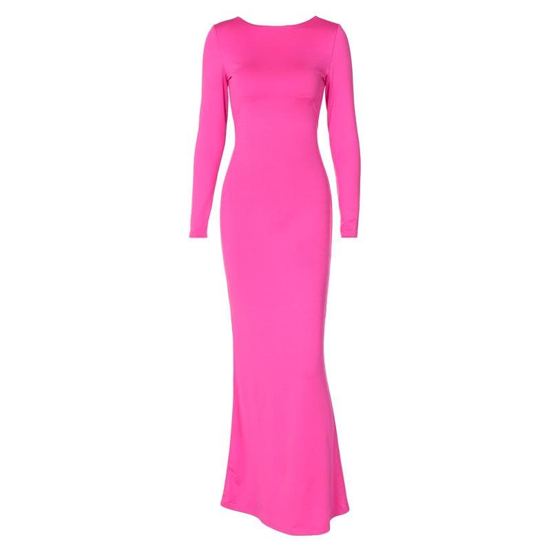 Crew Neck Long Sleeve Lace-Up Back Bodycon Mermaid Hem Maxi Dress