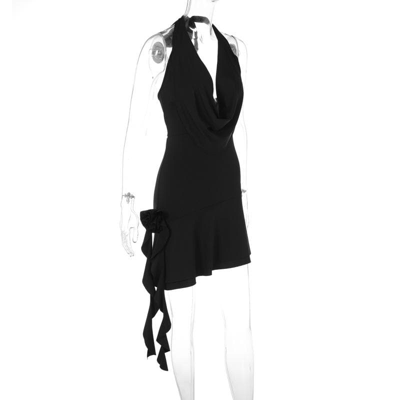 Cowl Neck Halter Ruffle Trim Side Cascade Backless Mini Dress 5