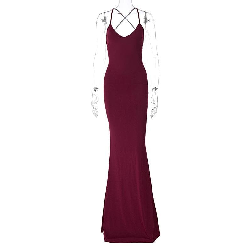 Deep V-Neck Cross Back Spaghetti Strap Bodycon Maxi Dress 2