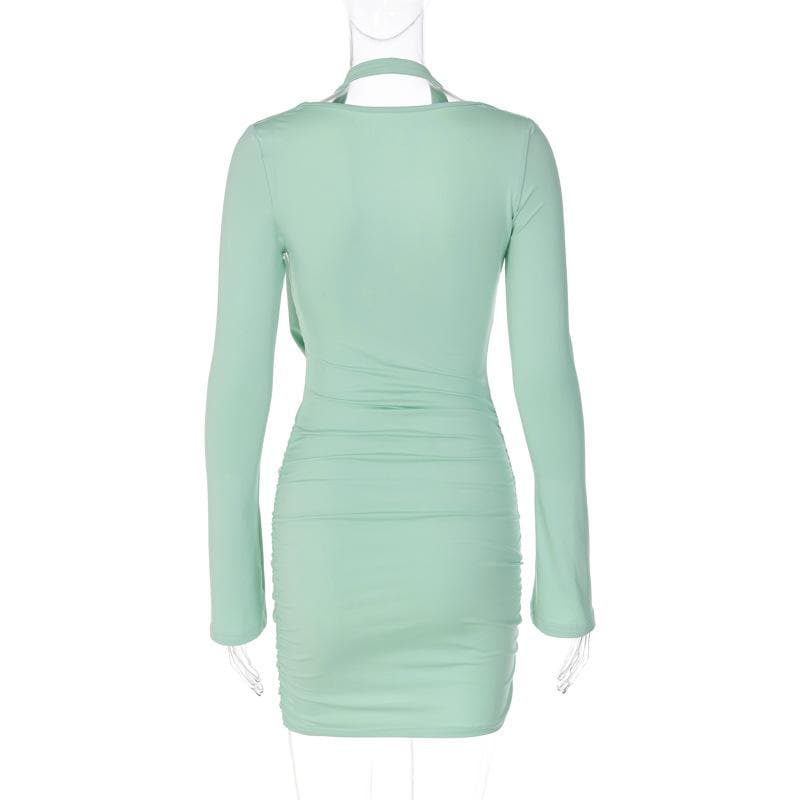 Cowl Neck Halter Shoulder Cutout Ruched Long Sleeve Mini Dress 5