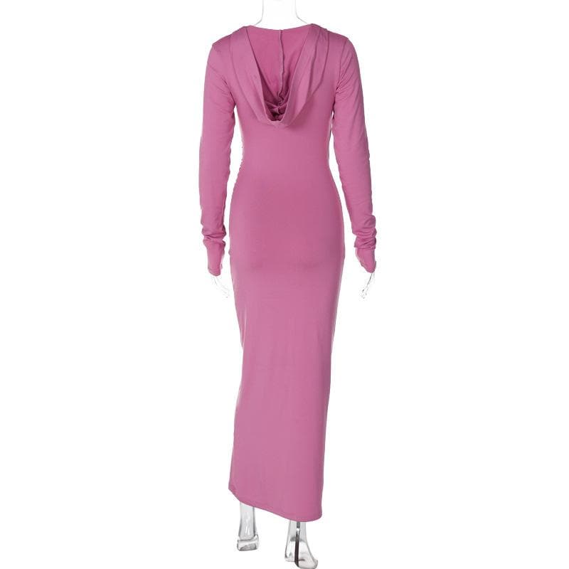 Hooded V-Neck Wrap Ruched Long Sleeve Bodycon Maxi Dress 4