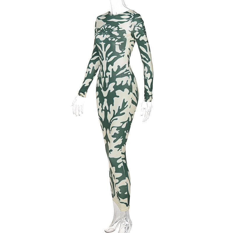 Crew Neck Long Sleeve Abstract Symmetrical Print Bodycon Midi Dress 4