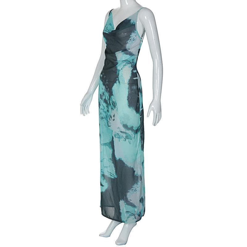 Abstract Tie Dye Print Cowl Neck Spaghetti Strap High Slit Maxi Dress 3