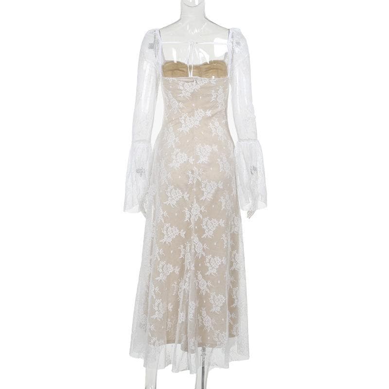 Square Neck Corset Lace Long Sleeve Bell Cuff Paneled Maxi Dress 5