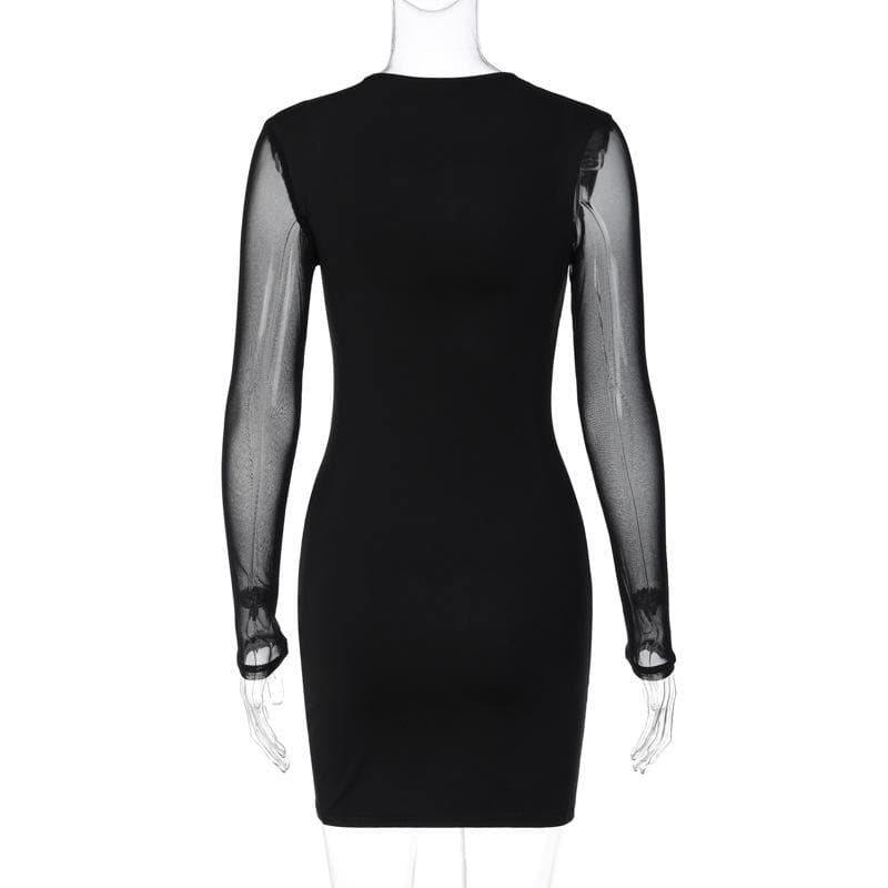 Mesh Long Sleeve Flame Panel Cut Out Bodycon Mini Dress 4