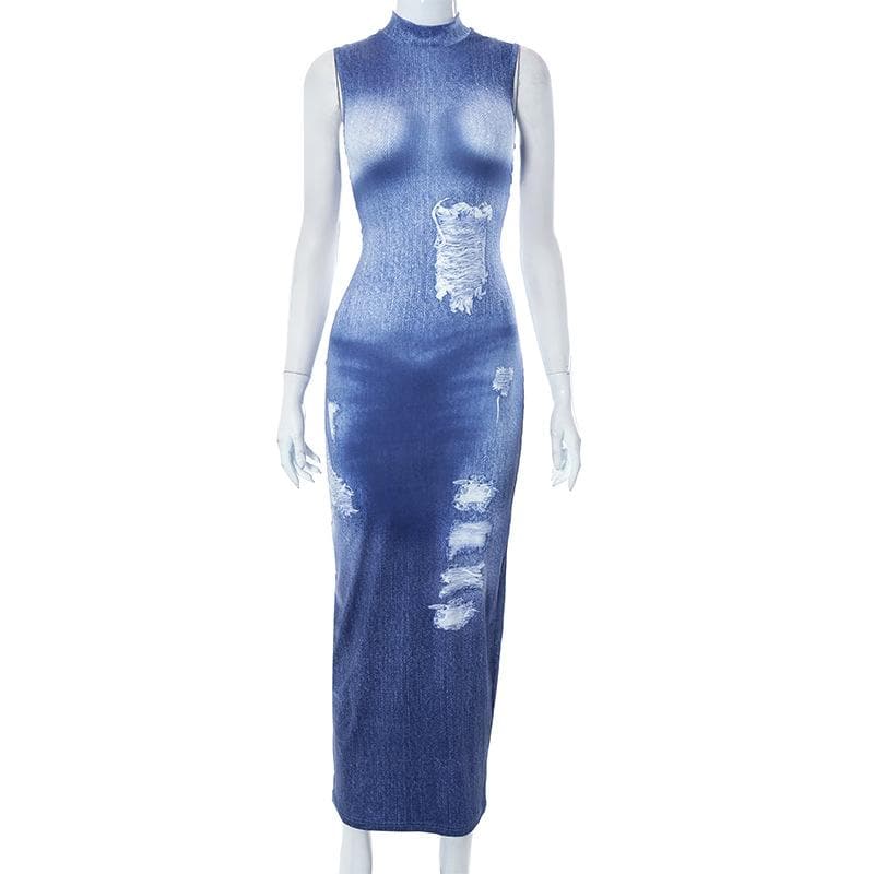 Mock Neck Distressed Faux Denim Print Bodycon Maxi Dress 3